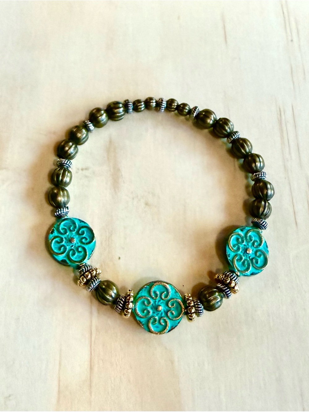 Green Patina Beaded Stretch Bracelet